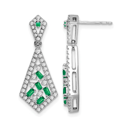 14k White Gold Baguette Emerald and Diamond Kite Dangle Post Earrings