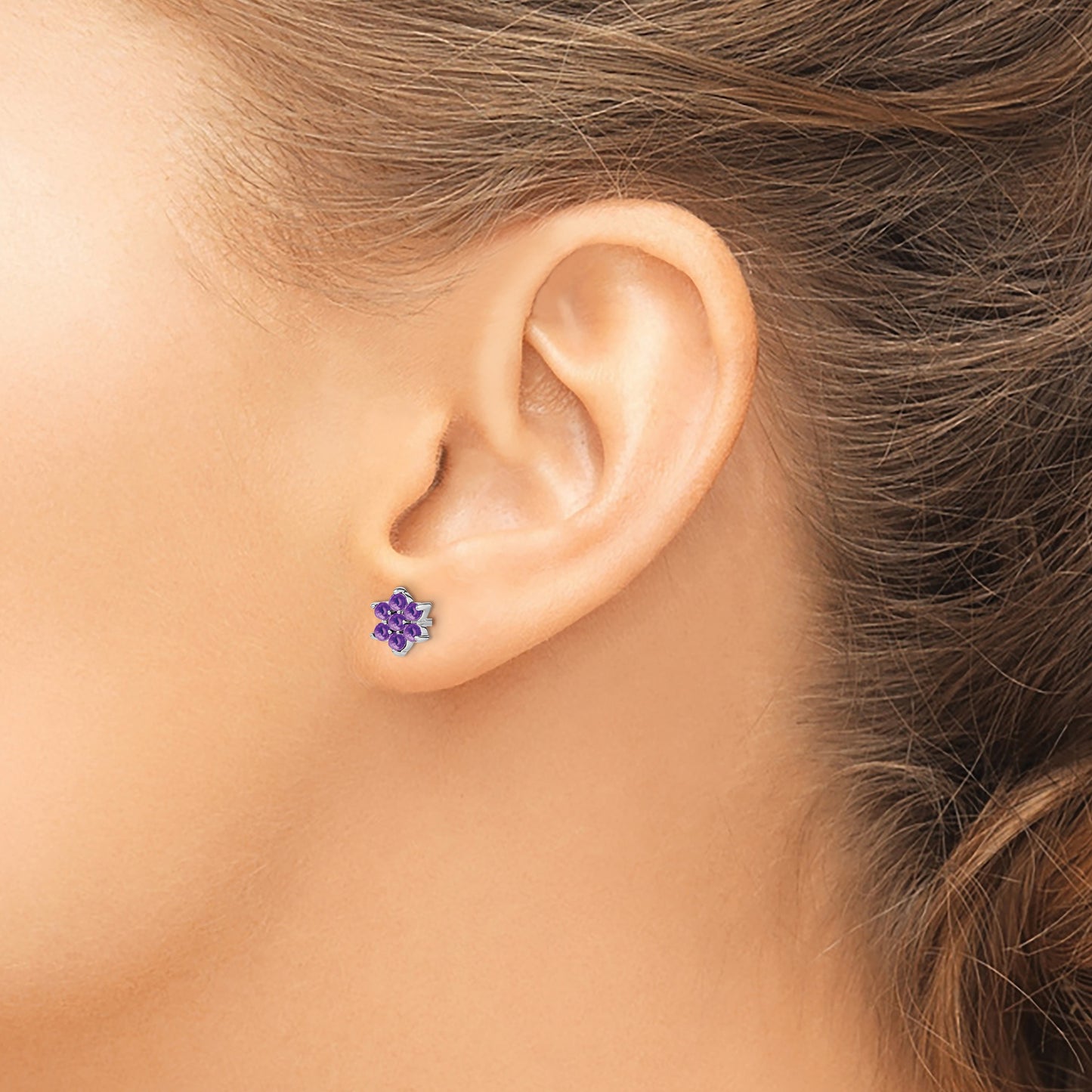 14k White Gold Amethyst Cabochon Floral Post Earrings