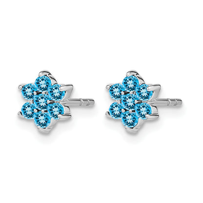 14k White Gold Blue Topaz Cabochon Floral Post Earrings