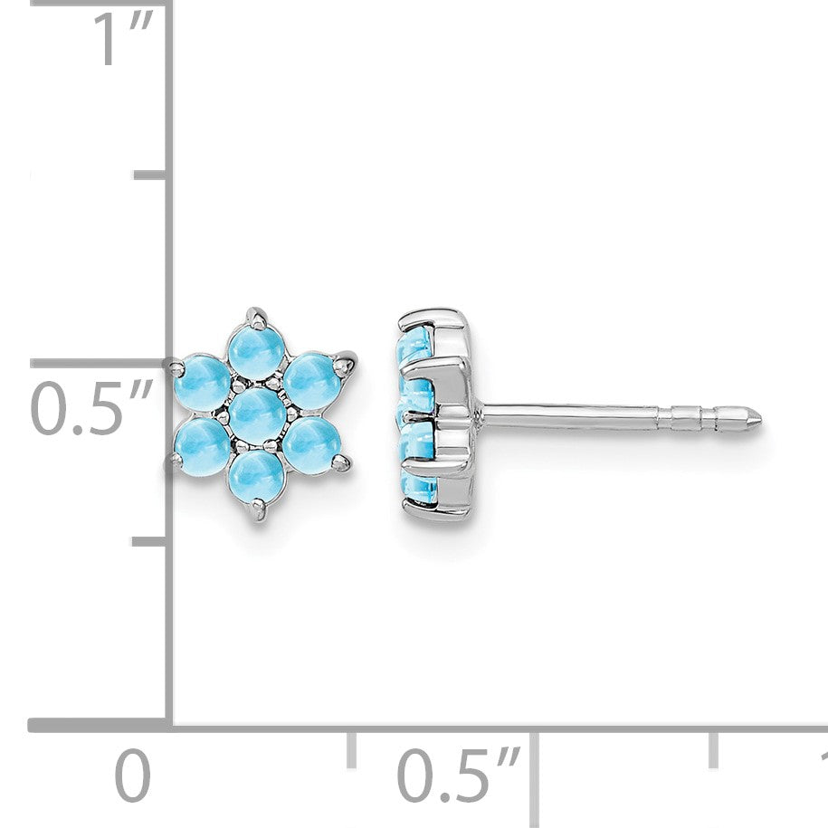 14k White Gold Blue Topaz Cabochon Floral Post Earrings
