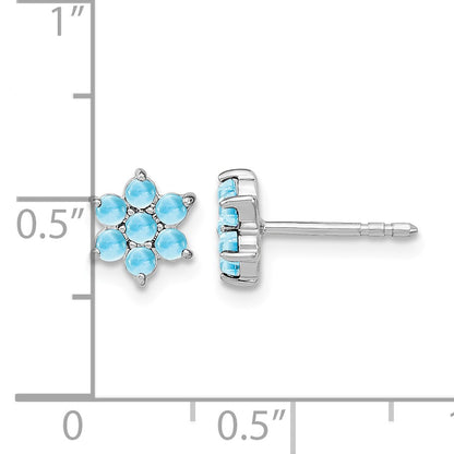 14k White Gold Blue Topaz Cabochon Floral Post Earrings