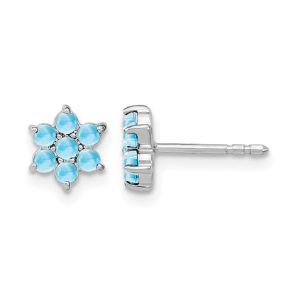 14k White Gold Blue Topaz Cabochon Floral Post Earrings