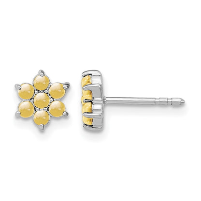 14k White Gold Citrine Cabochon Floral Post Earrings