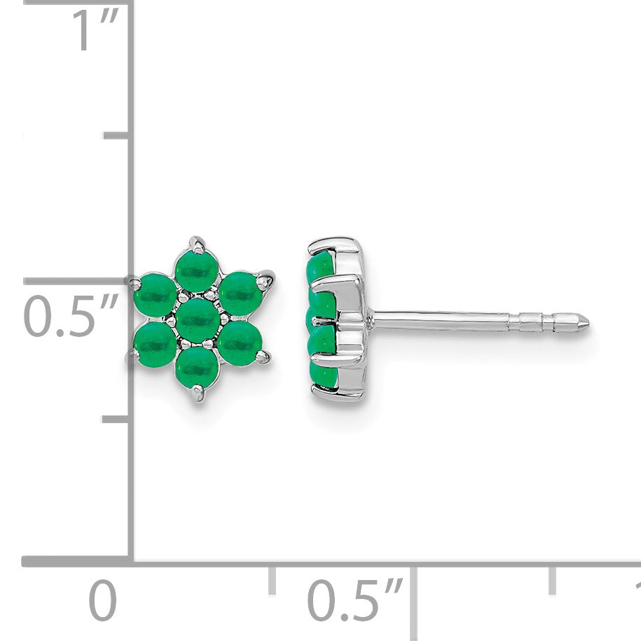 14k White Gold Emerald Cabochon Floral Post Earrings