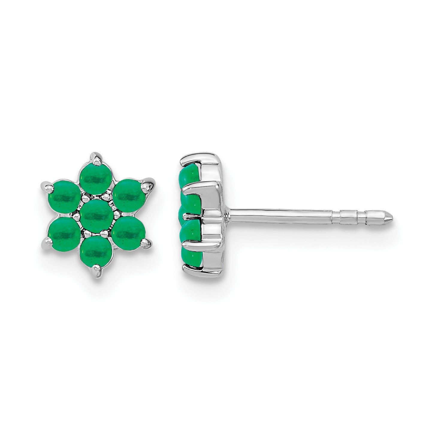 14k White Gold Emerald Cabochon Floral Post Earrings