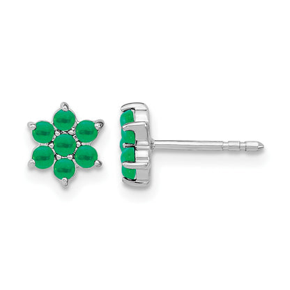 14k White Gold Emerald Cabochon Floral Post Earrings