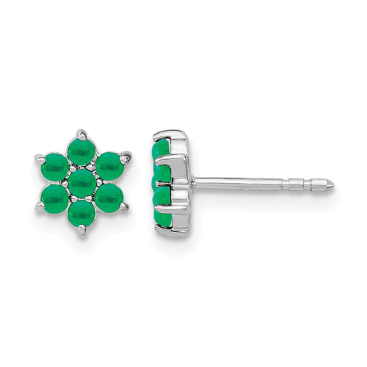 14k White Gold Emerald Cabochon Floral Post Earrings