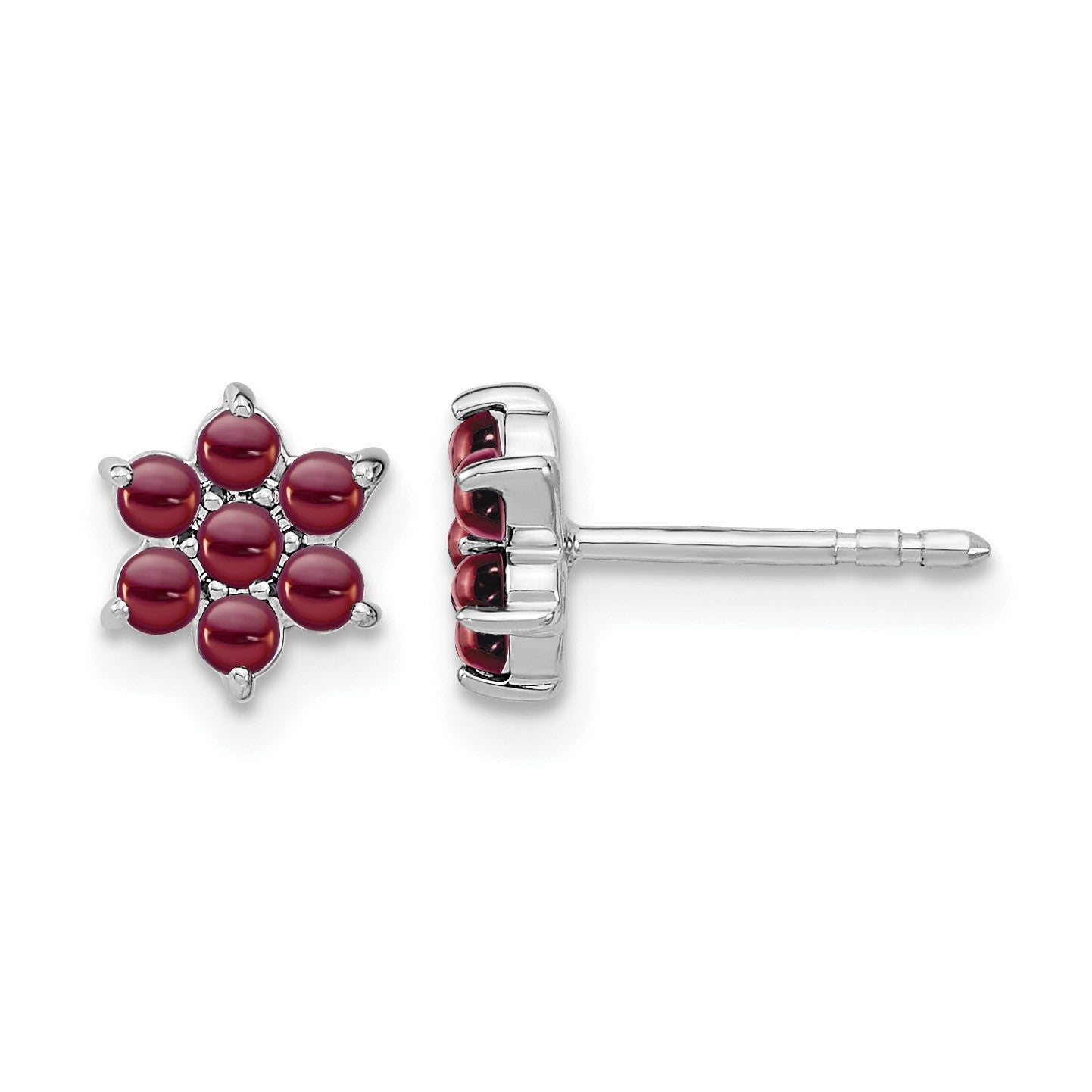 14k White Gold Garnet Cabochon Floral Post Earrings
