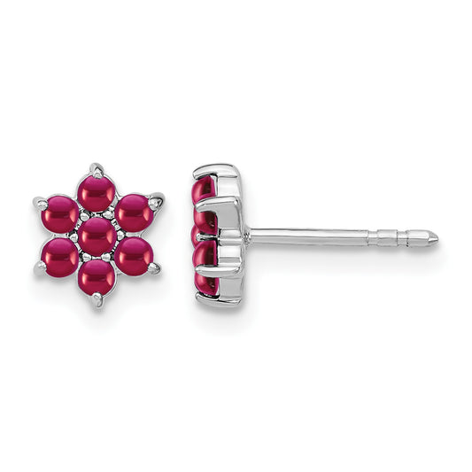 14k White Gold Ruby Cabochon Floral Post Earrings