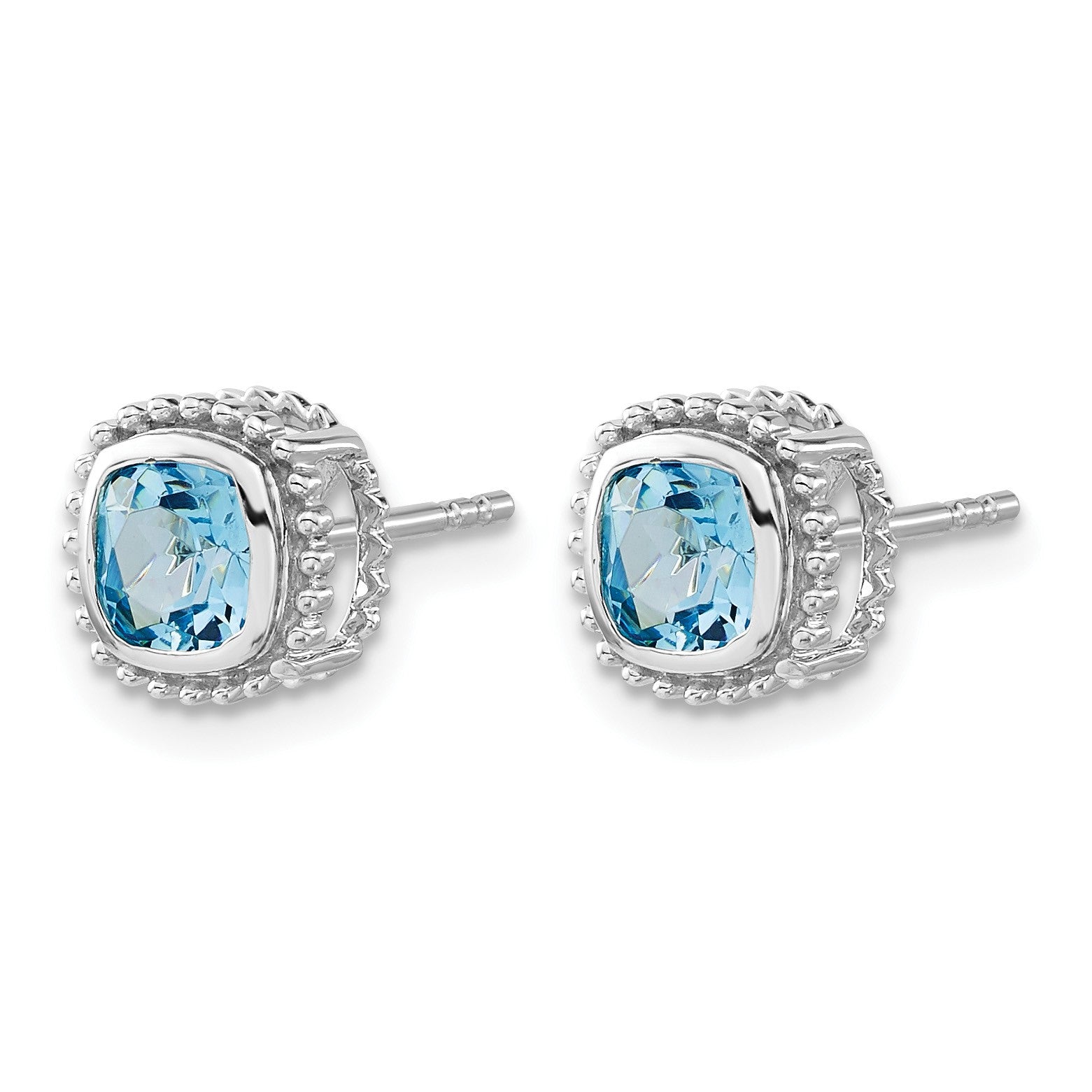 14k White Gold 5mm Cushion Blue Topaz Post Earrings