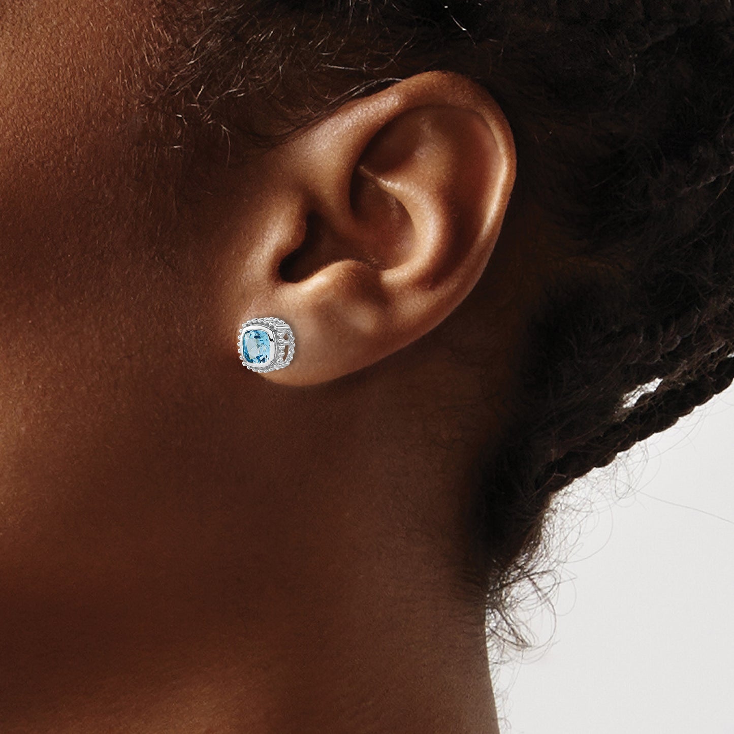 14k White Gold 5mm Cushion Blue Topaz Post Earrings