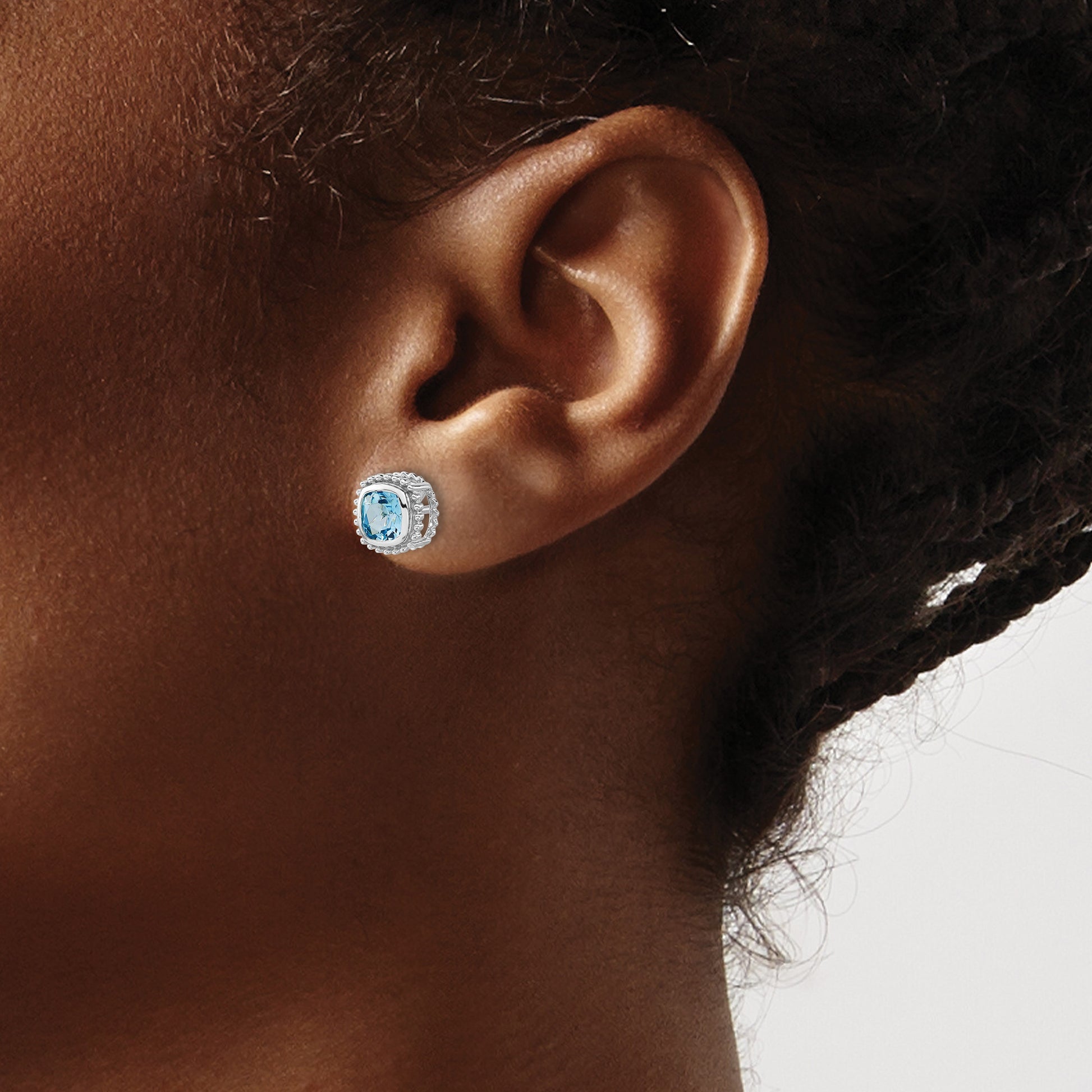 14k White Gold 5mm Cushion Blue Topaz Post Earrings