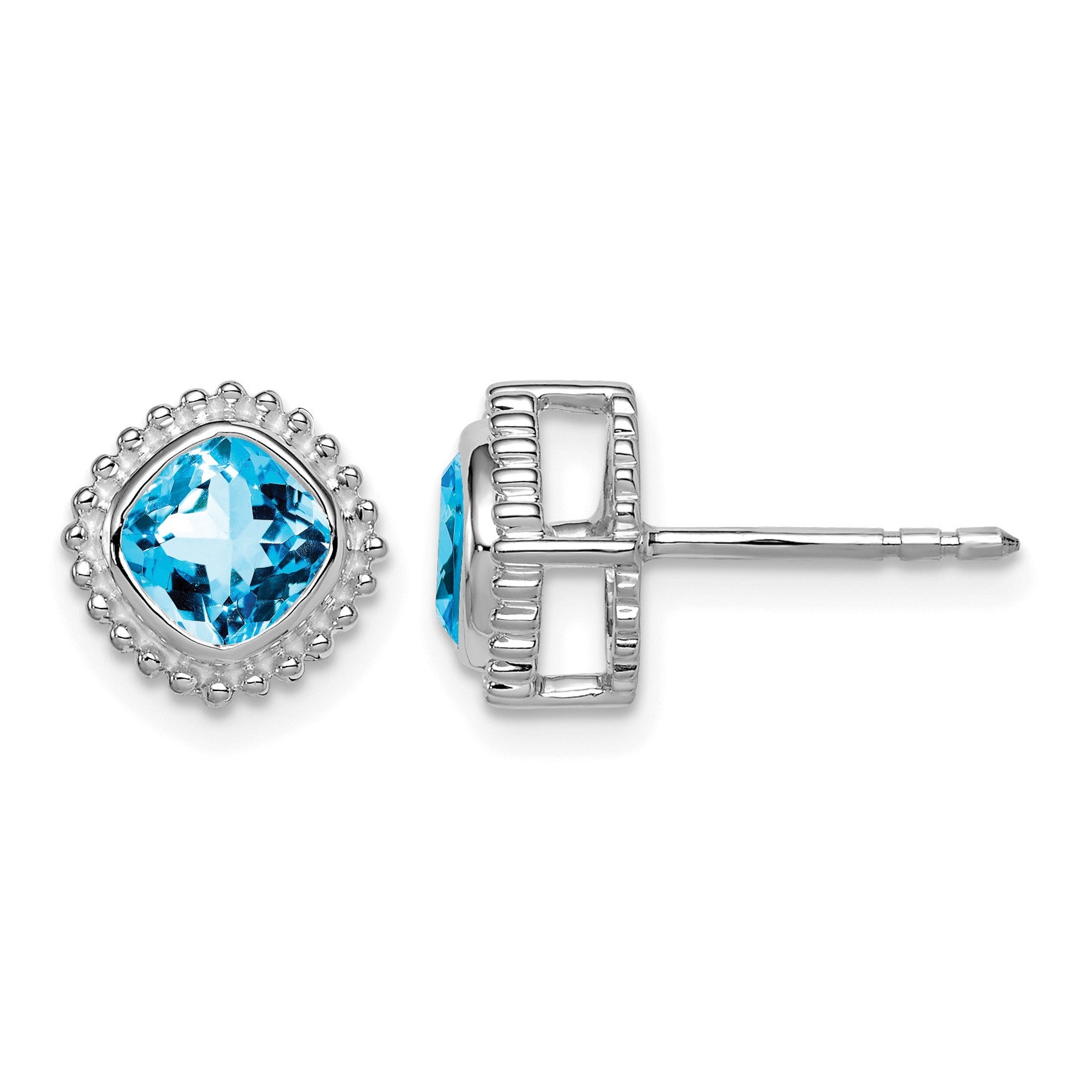 14k White Gold 5mm Cushion Blue Topaz Post Earrings