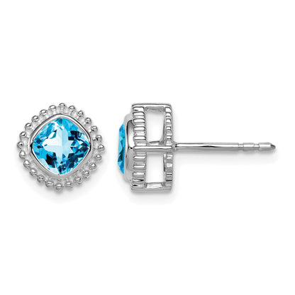 14k White Gold 5mm Cushion Blue Topaz Post Earrings
