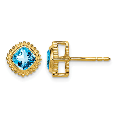 14k 5mm Cushion Blue Topaz Post Earrings