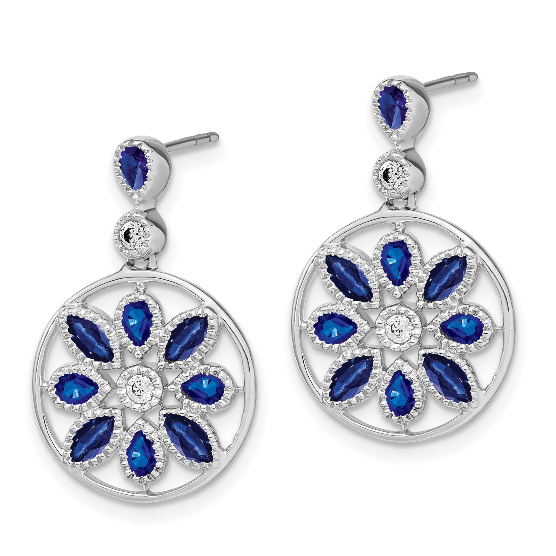 14k White Gold Marquise and Pear Sapphire and Diamond Floral Dangle Post Earrings
