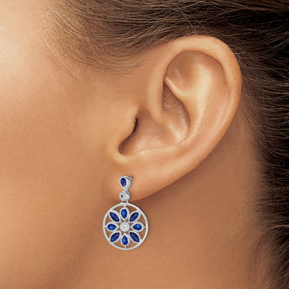 14k White Gold Marquise and Pear Sapphire and Diamond Floral Dangle Post Earrings