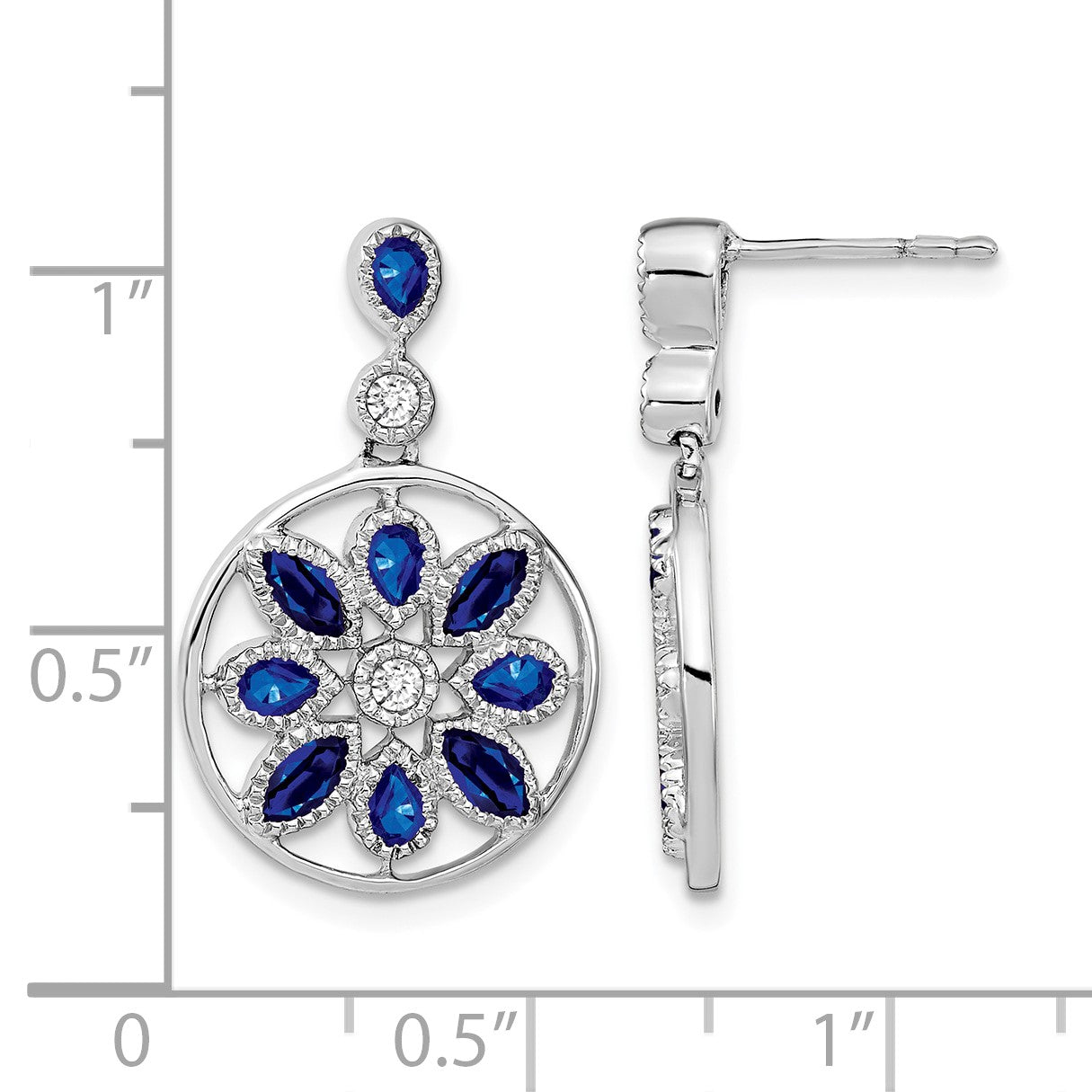 14k White Gold Marquise and Pear Sapphire and Diamond Floral Dangle Post Earrings