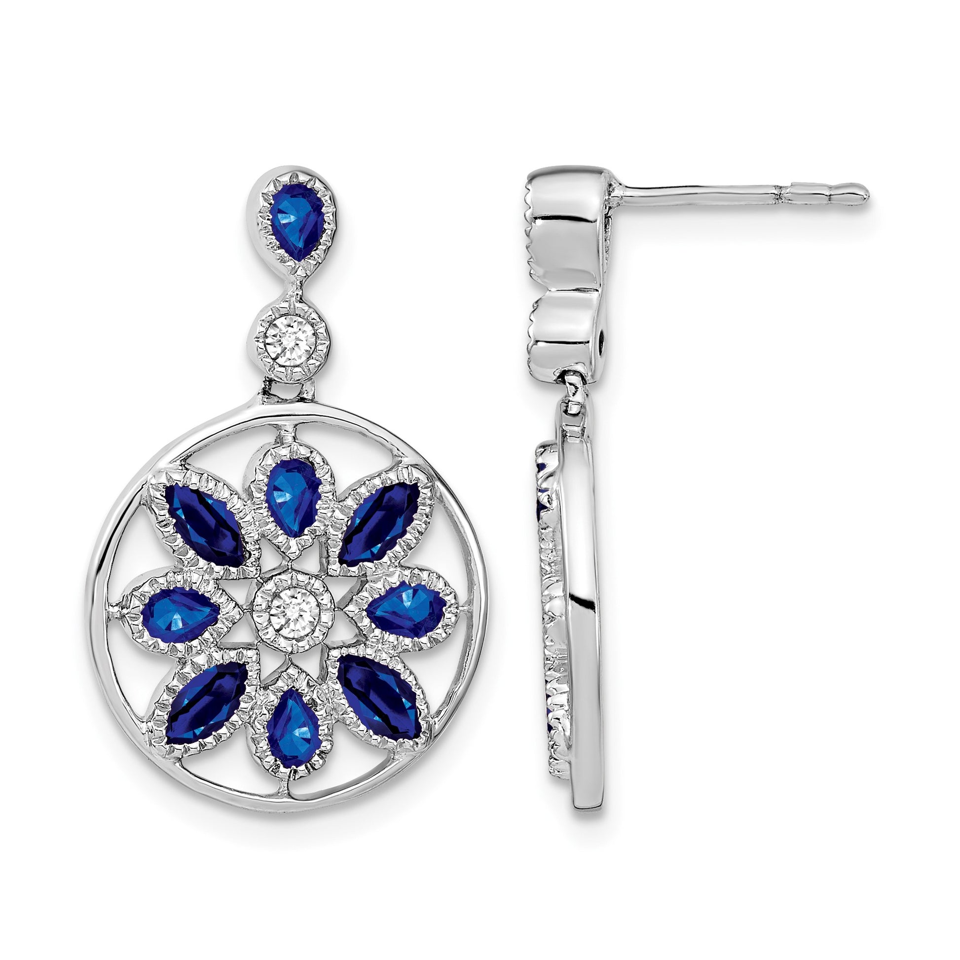 14k White Gold Marquise and Pear Sapphire and Diamond Floral Dangle Post Earrings
