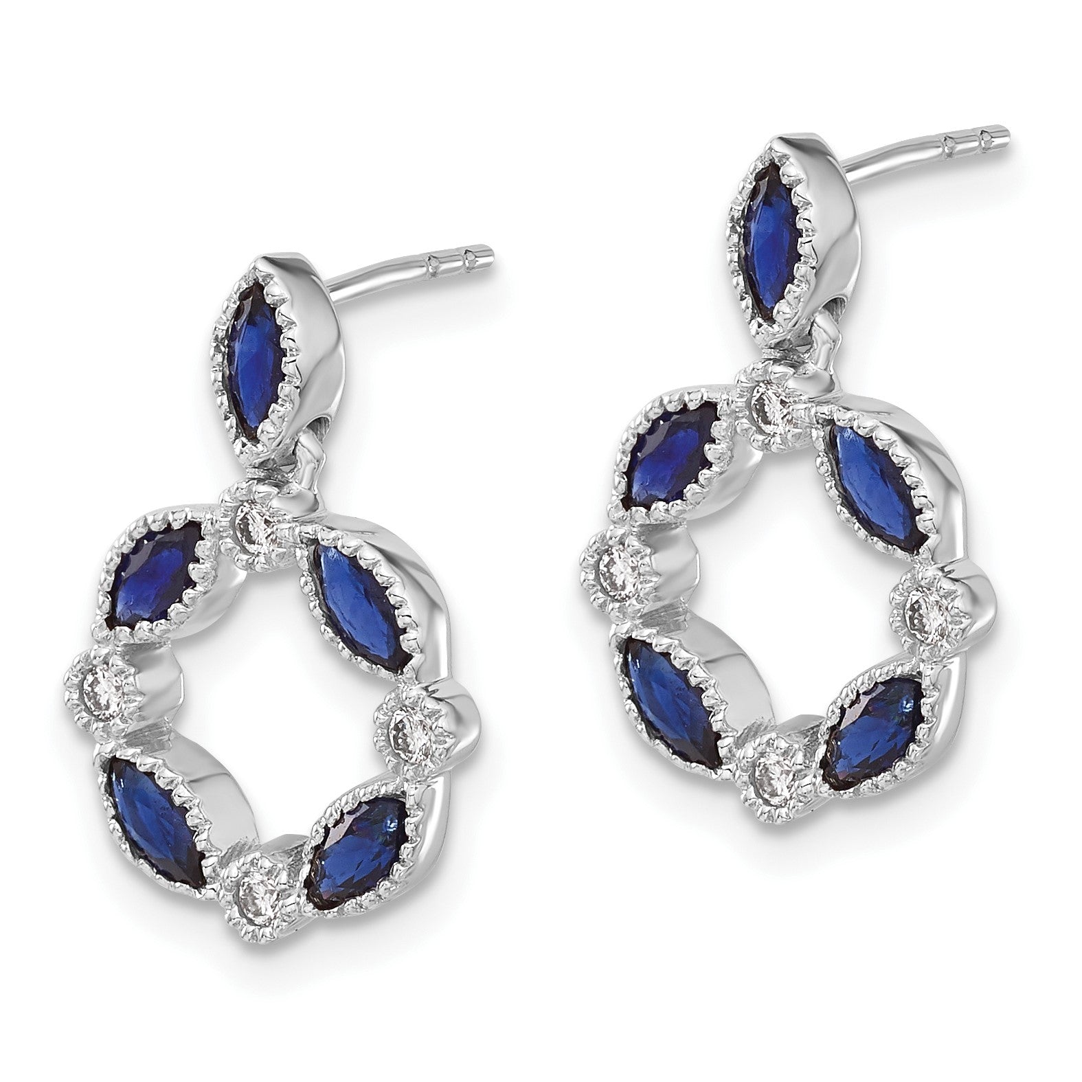 14k White Gold Marquise Sapphire and Diamond Circle Dangle Post Earrings