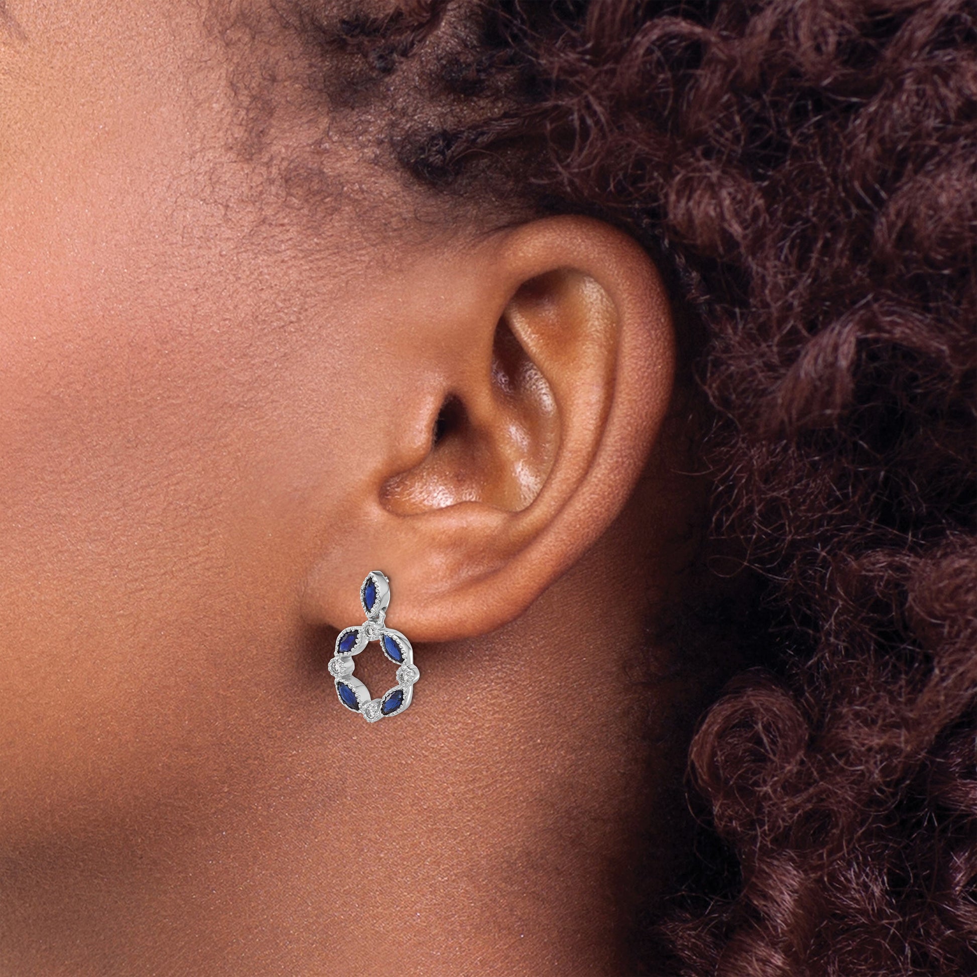 14k White Gold Marquise Sapphire and Diamond Circle Dangle Post Earrings