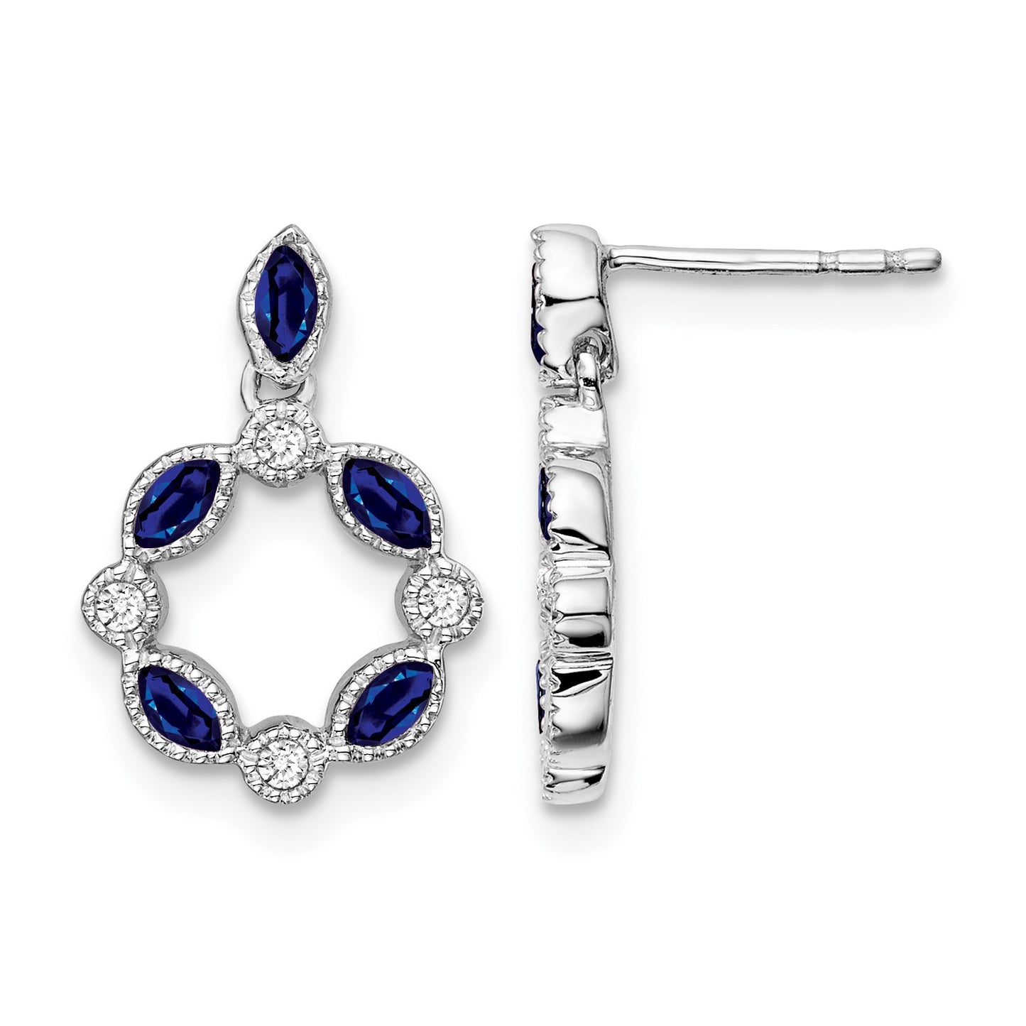 14k White Gold Marquise Sapphire and Diamond Circle Dangle Post Earrings