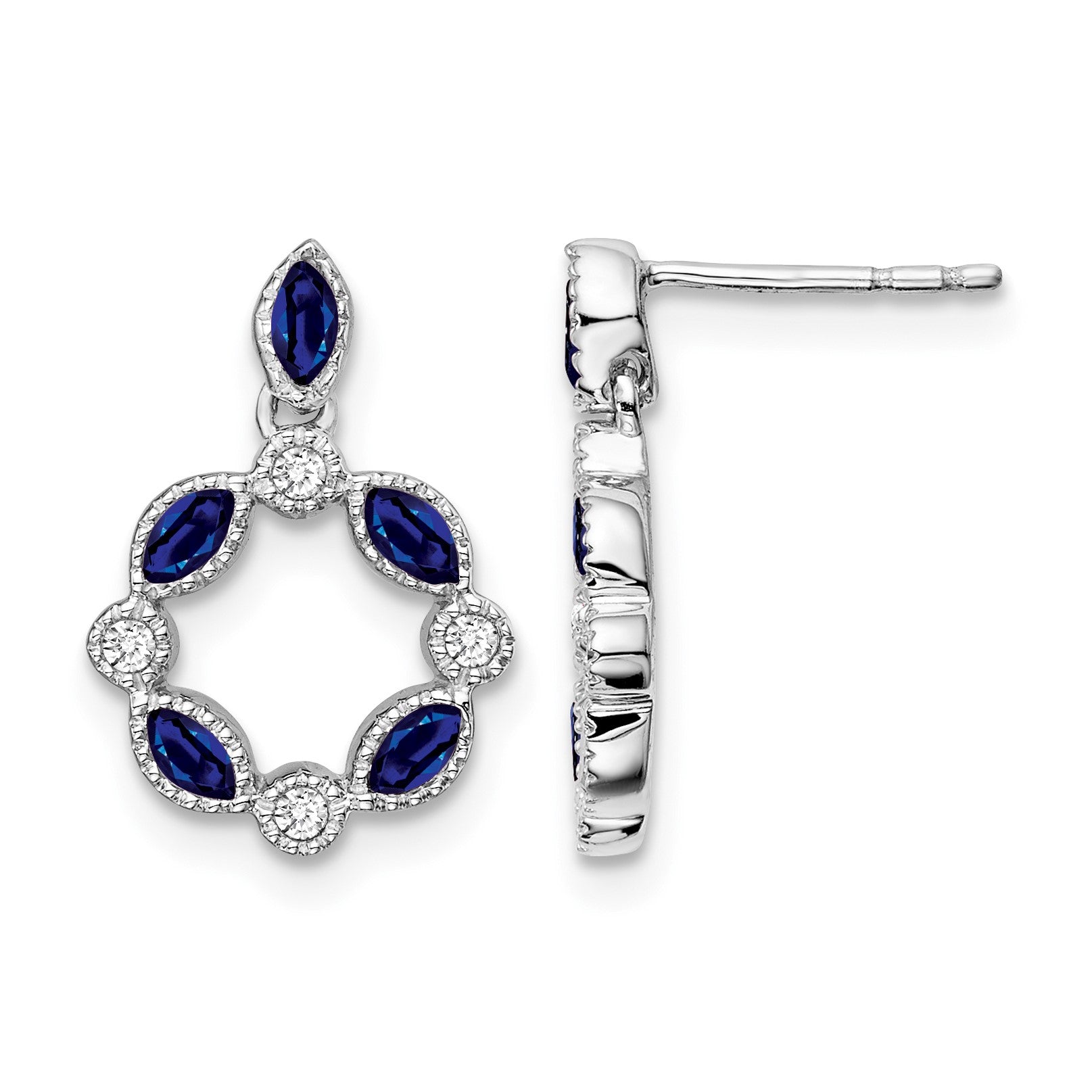 14k White Gold Marquise Sapphire and Diamond Circle Dangle Post Earrings