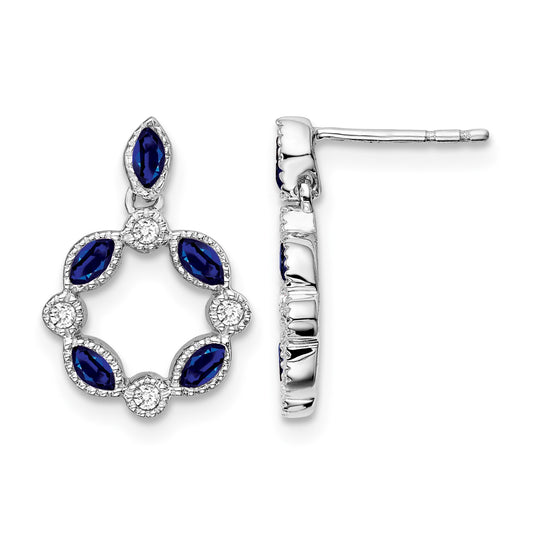 14k White Gold Marquise Sapphire and Diamond Circle Dangle Post Earrings