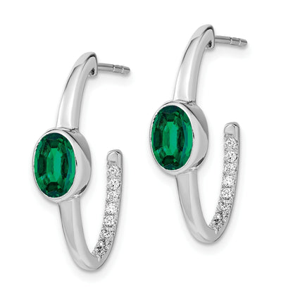 14k White Gold 7x5mm Oval Lab Created Emerald and Diamond J-Hoop Post Earrings