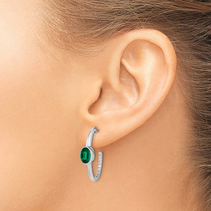 14k White Gold 7x5mm Oval Lab Created Emerald and Diamond J-Hoop Post Earrings