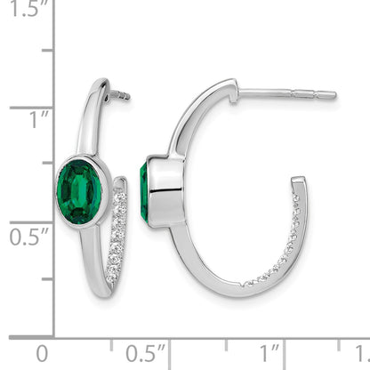 14k White Gold 7x5mm Oval Lab Created Emerald and Diamond J-Hoop Post Earrings