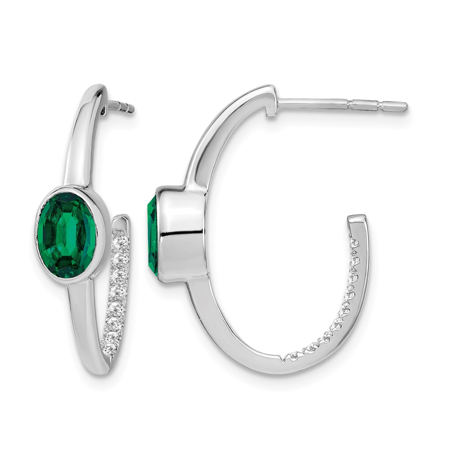 14k White Gold 7x5mm Oval Lab Created Emerald and Diamond J-Hoop Post Earrings