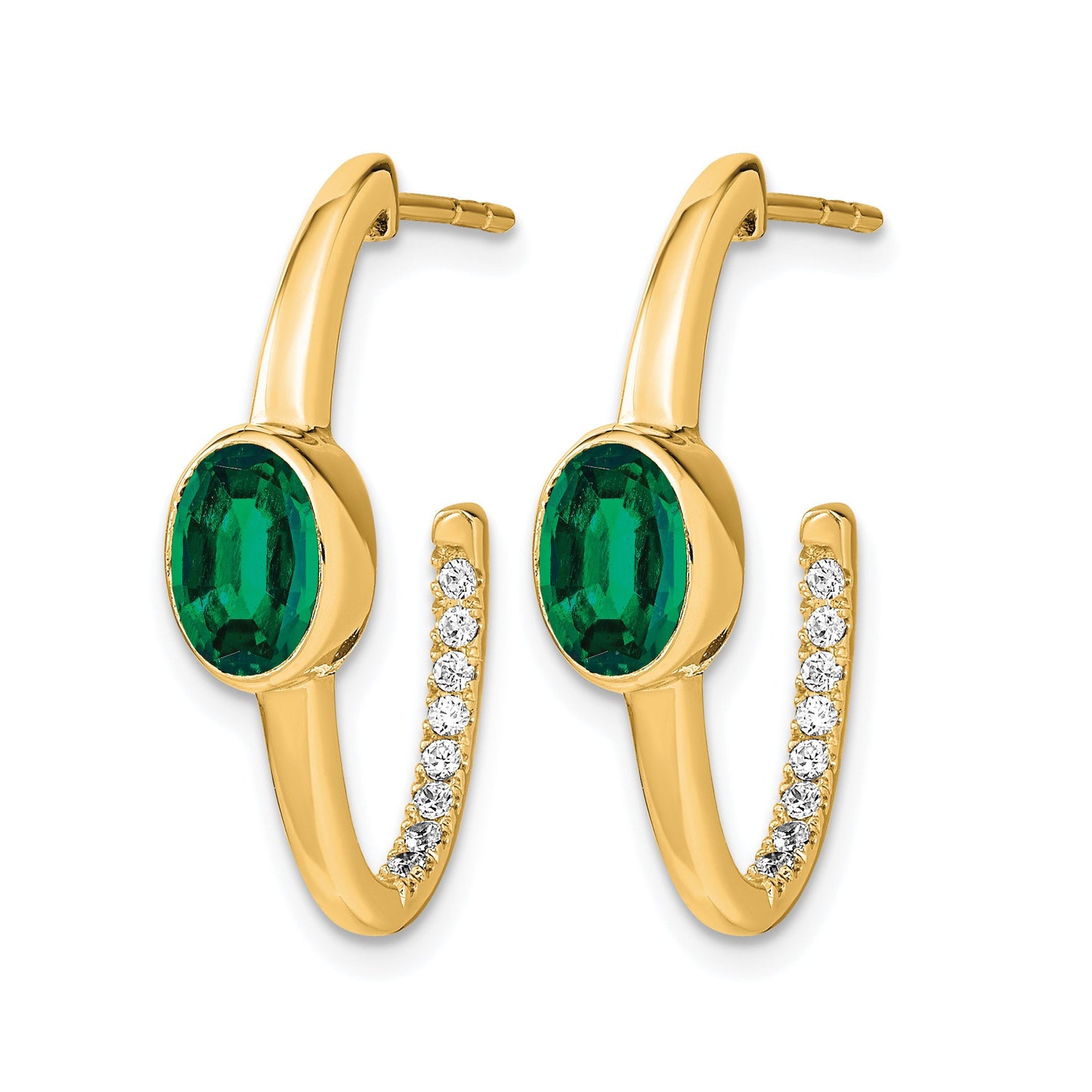 14k 7x5mm Oval Lab Created Emerald and Diamond J-Hoop Post Earrings