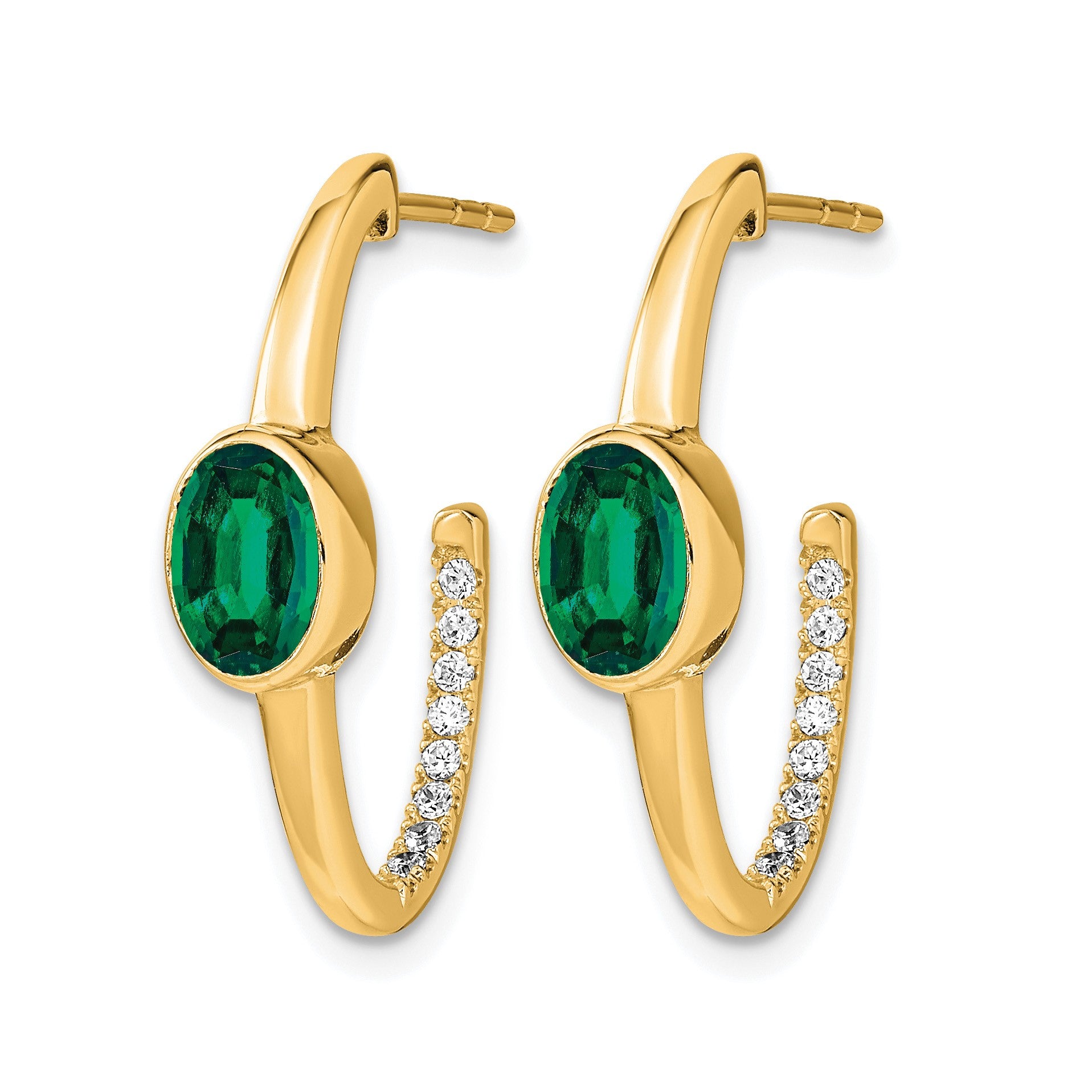 14k 7x5mm Oval Lab Created Emerald and Diamond J-Hoop Post Earrings