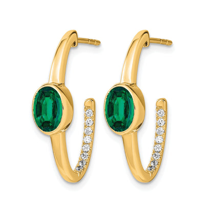14k 7x5mm Oval Lab Created Emerald and Diamond J-Hoop Post Earrings