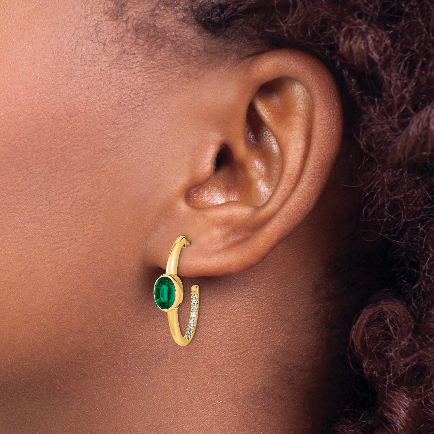 14k 7x5mm Oval Lab Created Emerald and Diamond J-Hoop Post Earrings