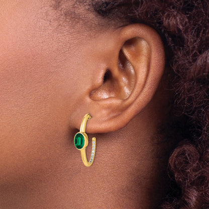 14k 7x5mm Oval Lab Created Emerald and Diamond J-Hoop Post Earrings
