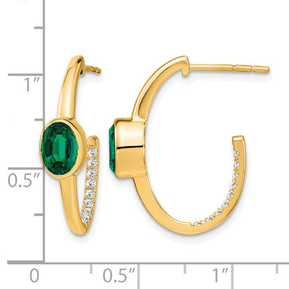 14k 7x5mm Oval Lab Created Emerald and Diamond J-Hoop Post Earrings