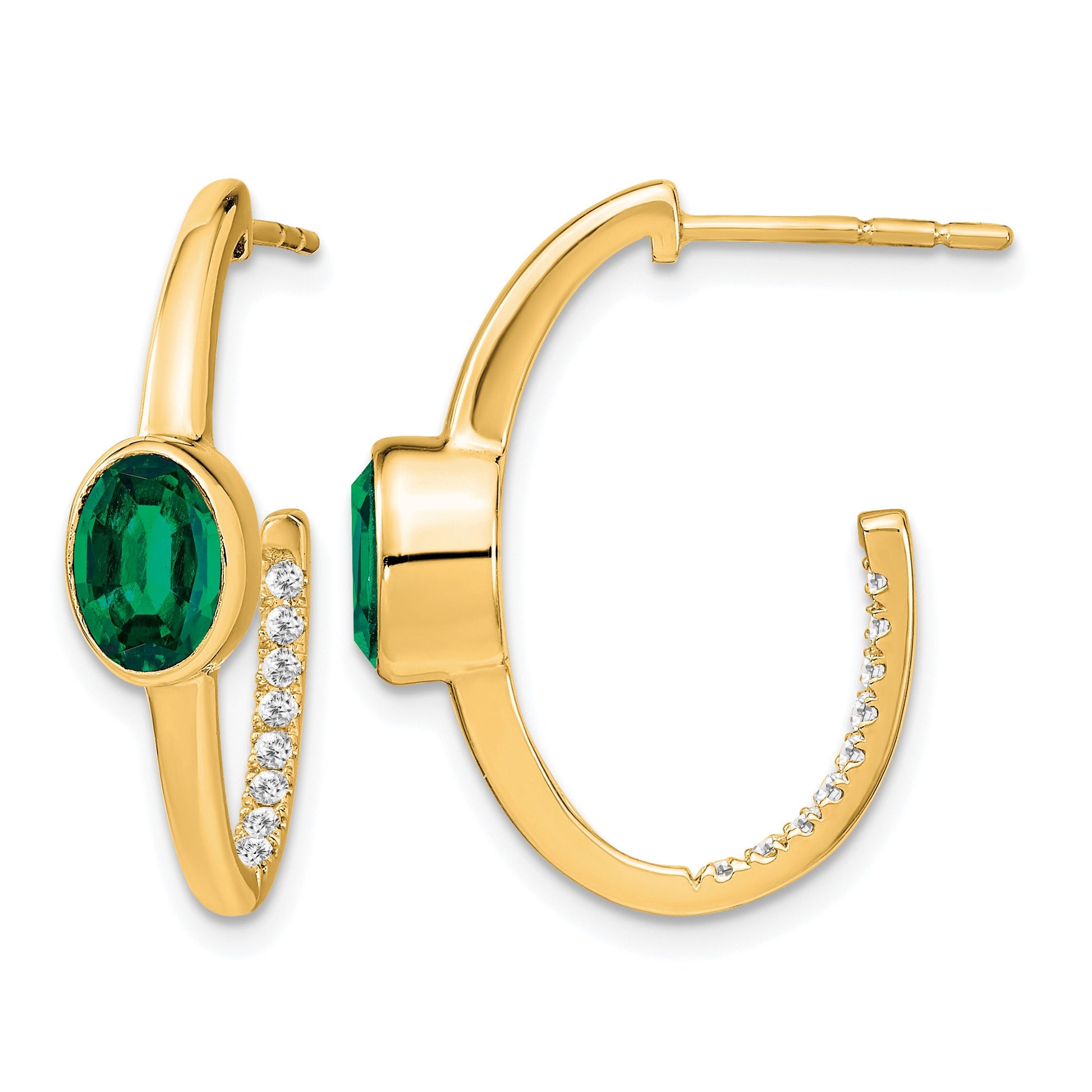 14k 7x5mm Oval Lab Created Emerald and Diamond J-Hoop Post Earrings