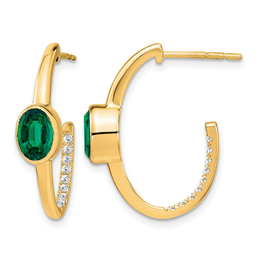14k 7x5mm Oval Lab Created Emerald and Diamond J-Hoop Post Earrings