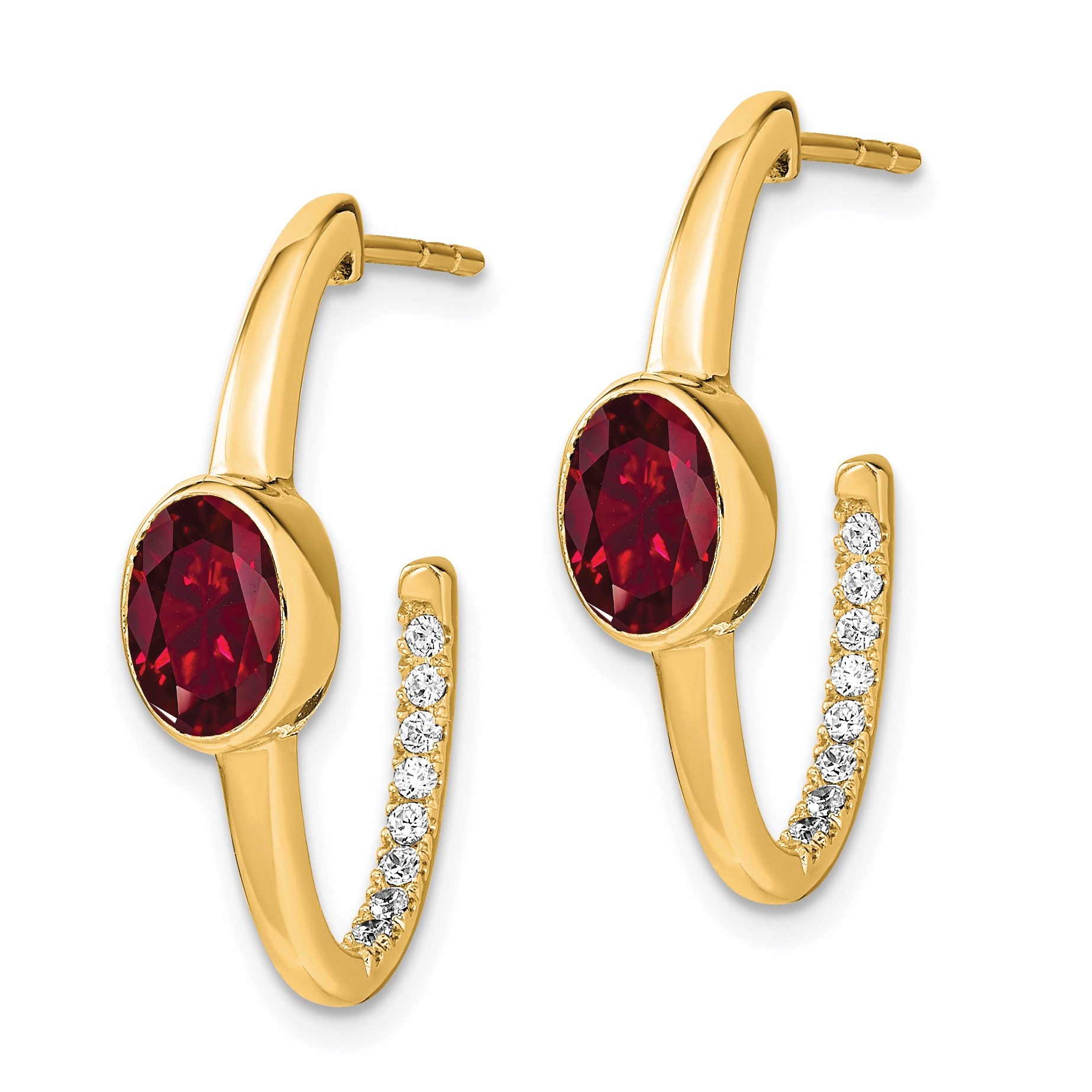 14k 7x5mm Oval Lab Created Ruby and Diamond J-Hoop Post Earrings