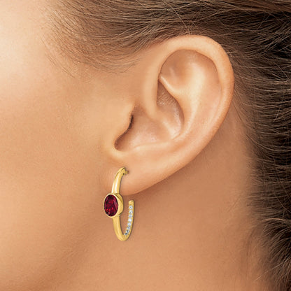 14k 7x5mm Oval Lab Created Ruby and Diamond J-Hoop Post Earrings
