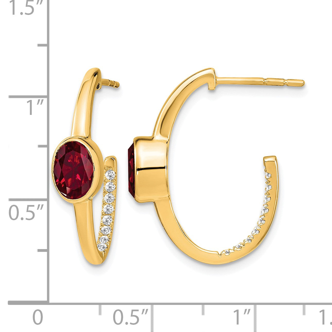14k 7x5mm Oval Lab Created Ruby and Diamond J-Hoop Post Earrings