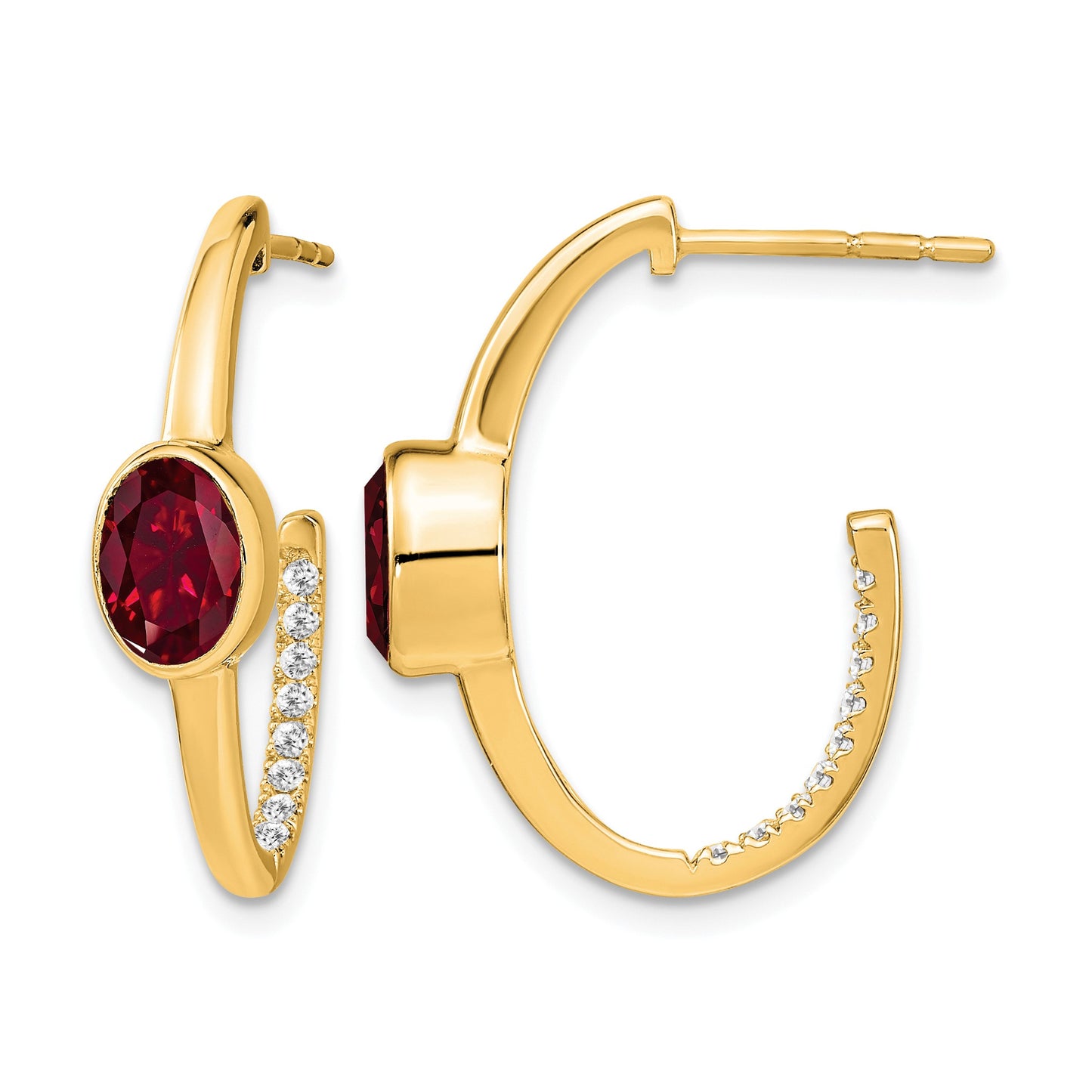 14k 7x5mm Oval Lab Created Ruby and Diamond J-Hoop Post Earrings