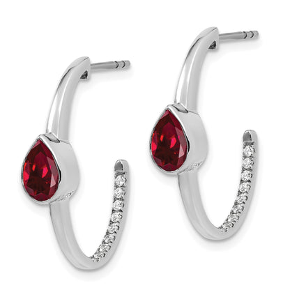 14k White Gold 7x5mm Pear Lab Created Ruby and Diamond J-Hoop Post Earrings