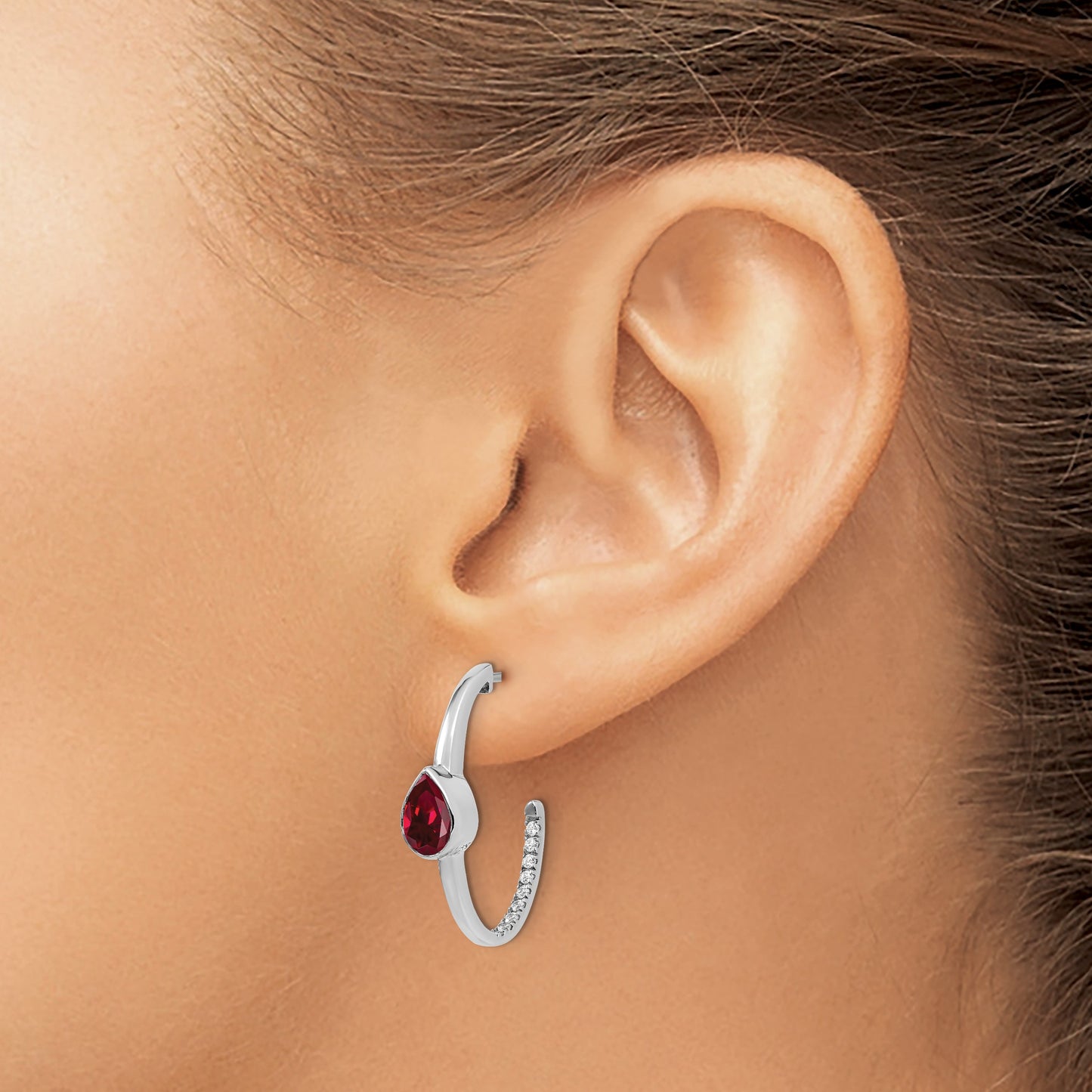14k White Gold 7x5mm Pear Lab Created Ruby and Diamond J-Hoop Post Earrings