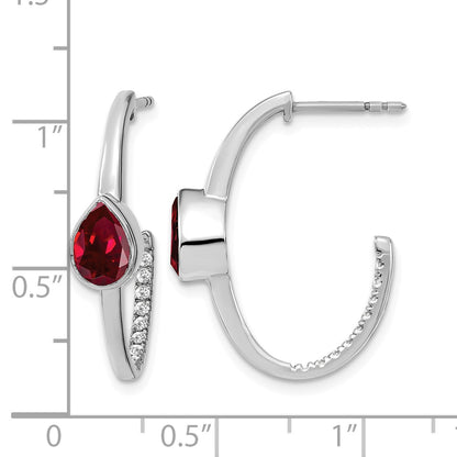 14k White Gold 7x5mm Pear Lab Created Ruby and Diamond J-Hoop Post Earrings