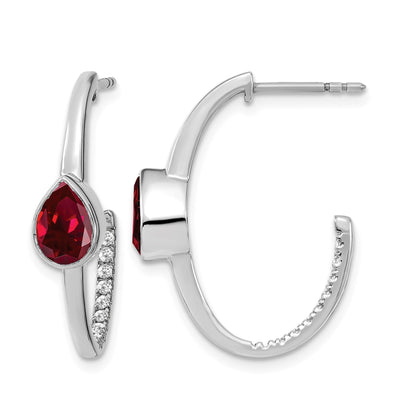 14k White Gold 7x5mm Pear Lab Created Ruby and Diamond J-Hoop Post Earrings