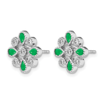 14k White Gold Emerald and Diamond Floral Post Earrings