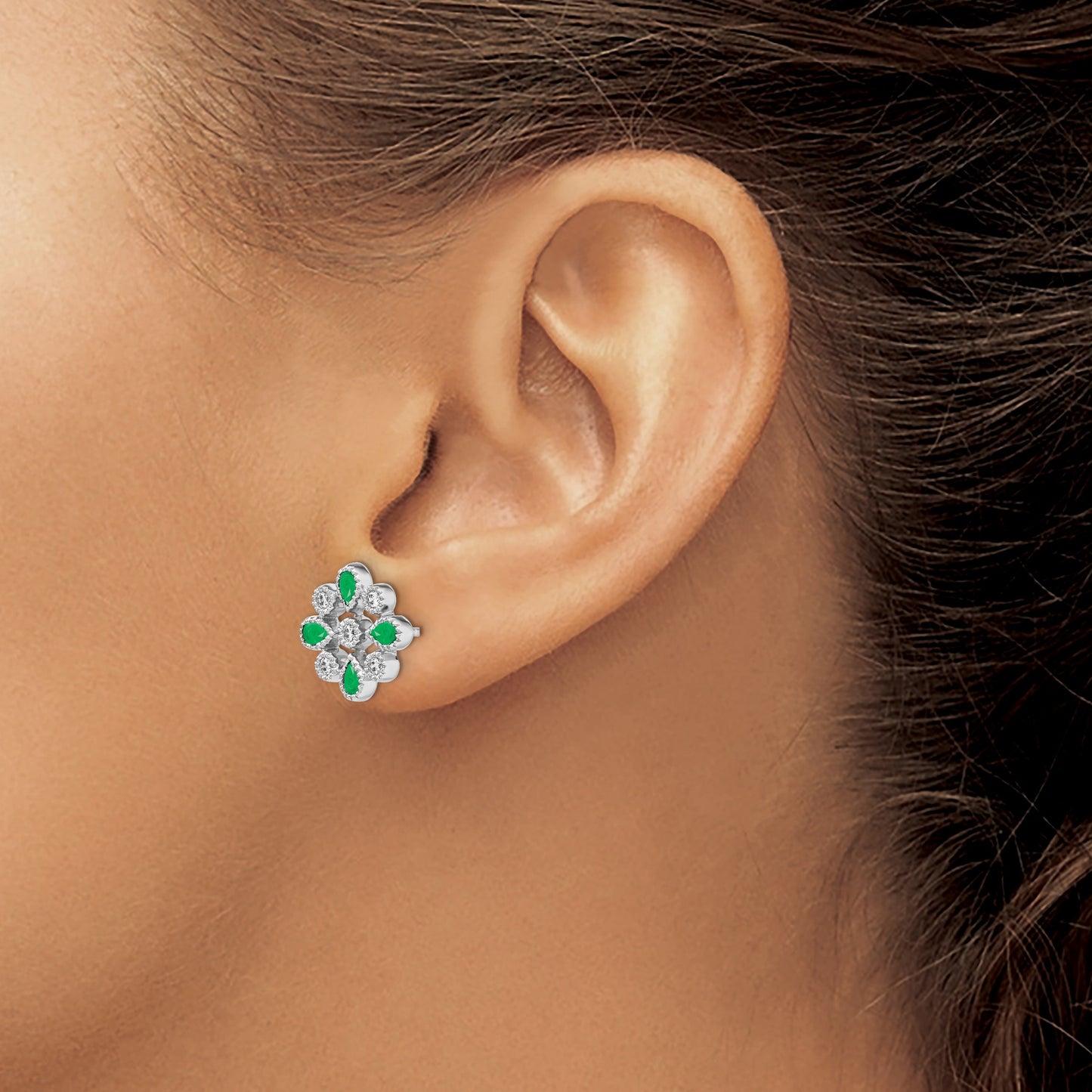 14k White Gold Emerald and Diamond Floral Post Earrings